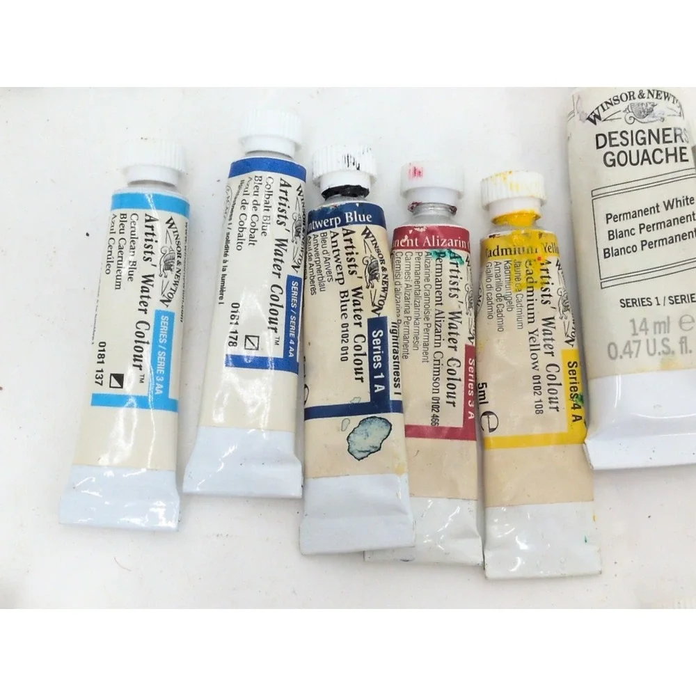 Used Lot of 32 Watercolor Paint  WINSOR NEWTON Grumbacher Cotman Brushes  Used